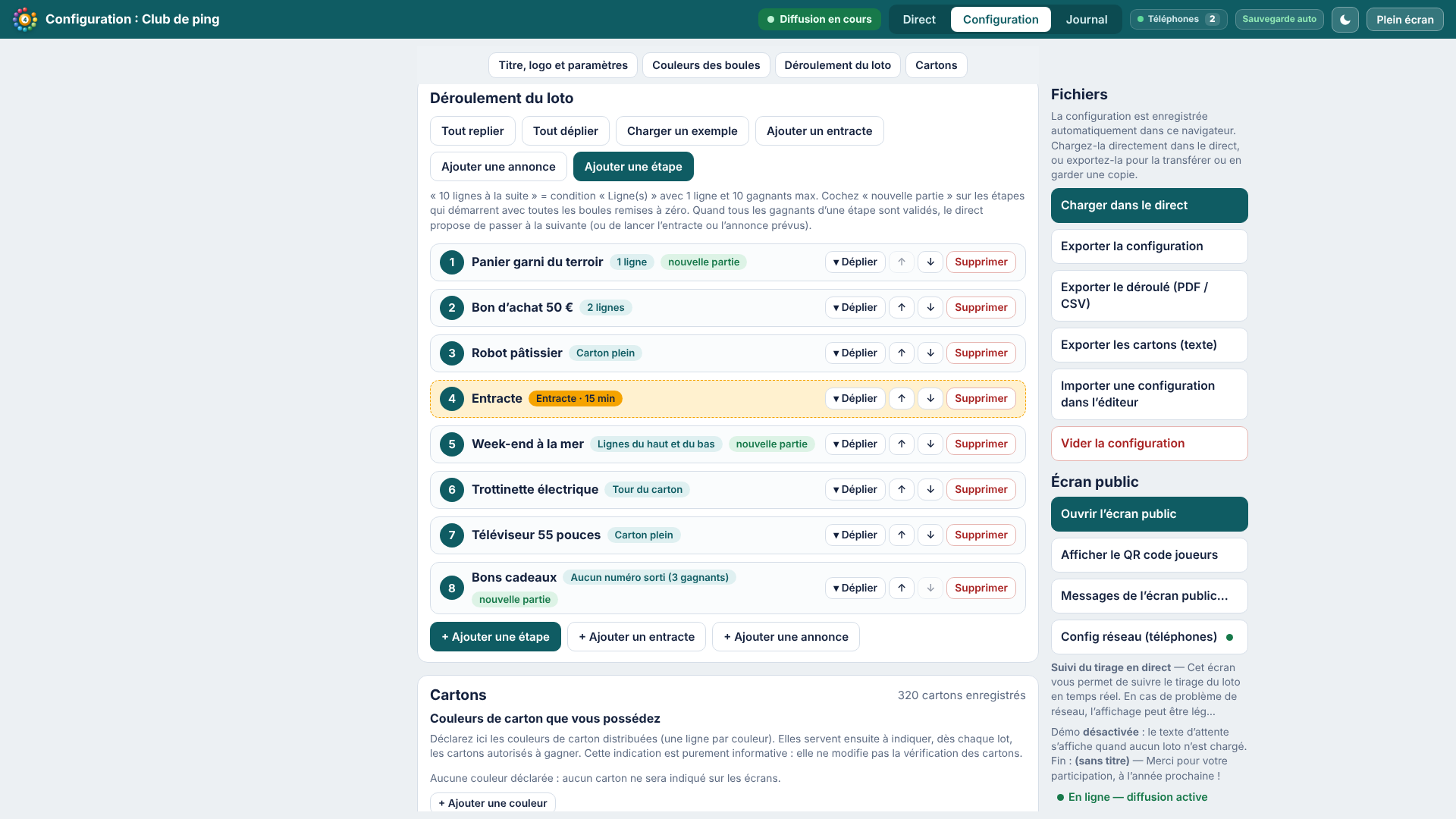 Le déroulement du loto dans la configuration
